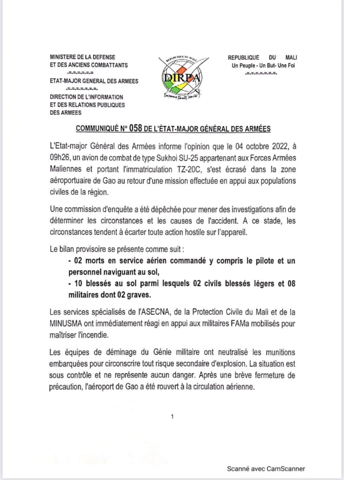 Mali / Crash d'un avion de chasse de l'armée Malienne à Gao : 2 morts et 19 blessés.
