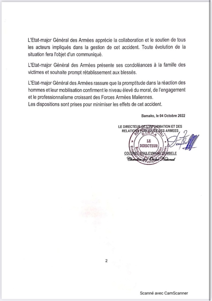 Mali / Crash d'un avion de chasse de l'armée Malienne à Gao : 2 morts et 19 blessés.