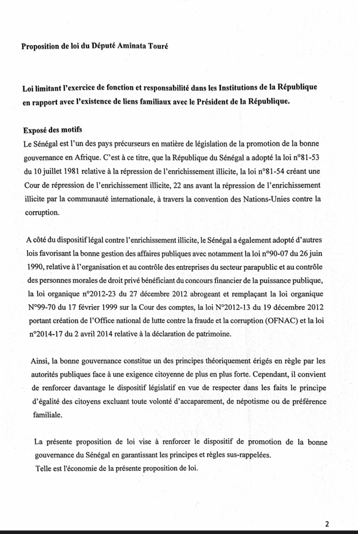 Assemblée nationale : La députée Aminata Touré propose une loi limitant l'exercice de fonctions et responsabilités dans les Institutions de la République en rapport avec l'existence de liens familiaux avec le Président de la République. Assemblée nationale : La députée Aminata Touré propose une loi limitant l'exercice de fonctions et responsabilités dans les Institutions de la République en rapport avec l'existence de liens familiaux avec le Président de la République.