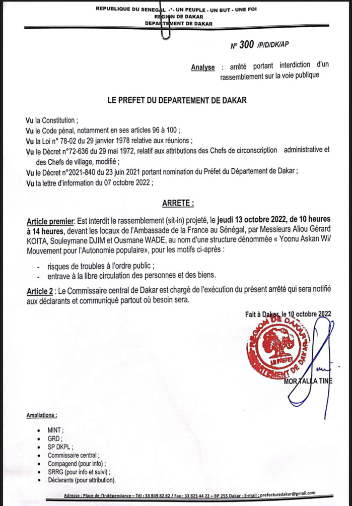 Ambassade de France à Dakar : Le rassemblement de « Yoonu Askan Wi » interdit par le Préfet. Ambassade de France à Dakar : Le rassemblement de « Yoonu Askan Wi » interdit par le Préfet.