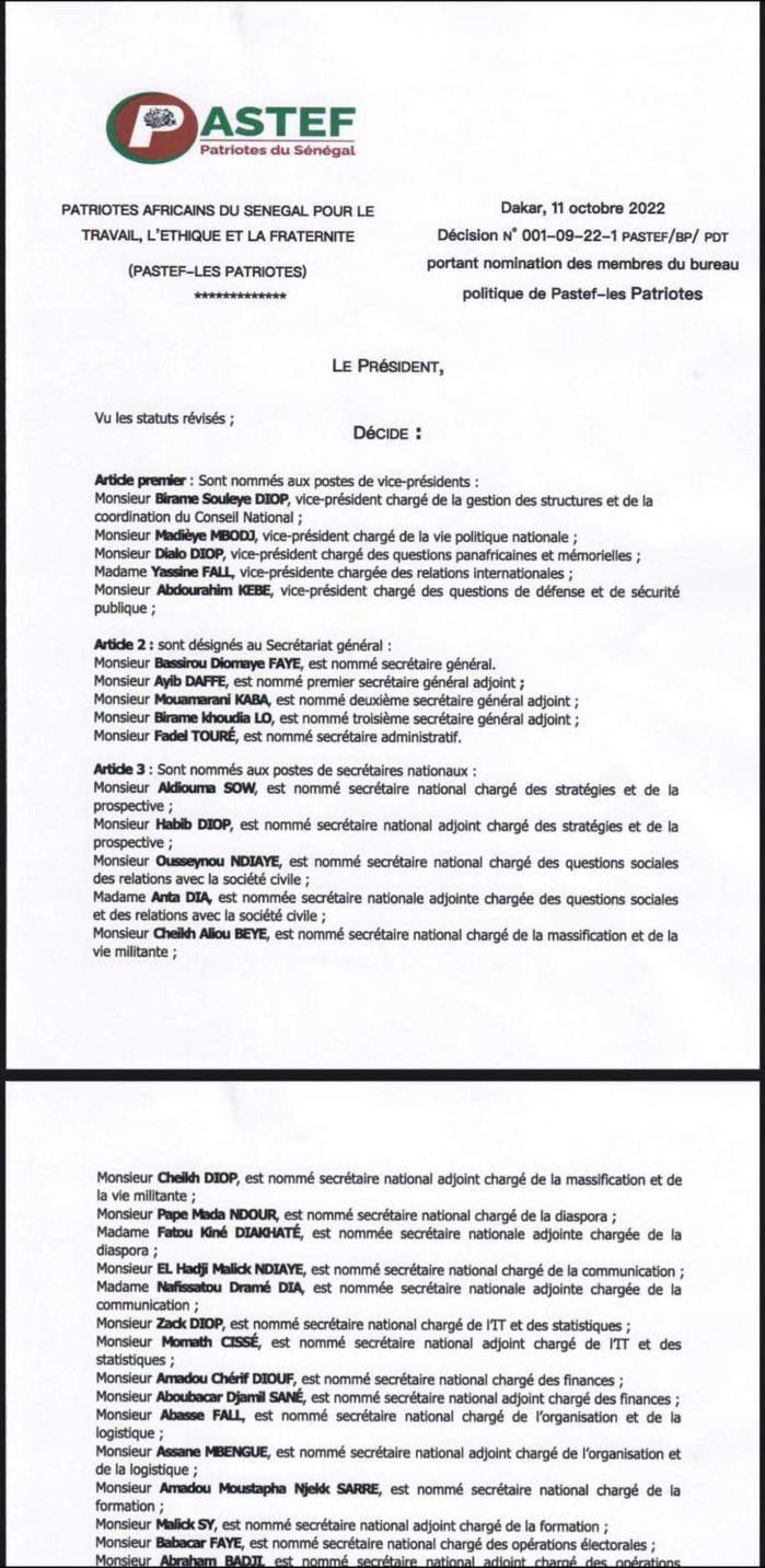 Politique : Pastef Les Patriotes publie la liste des membres du bureau, de la Haute Autorité de Régulation du parti, du cabinet du Président Ousmane Sonko et des commissaires scientifiques. (DOCUMENTS)