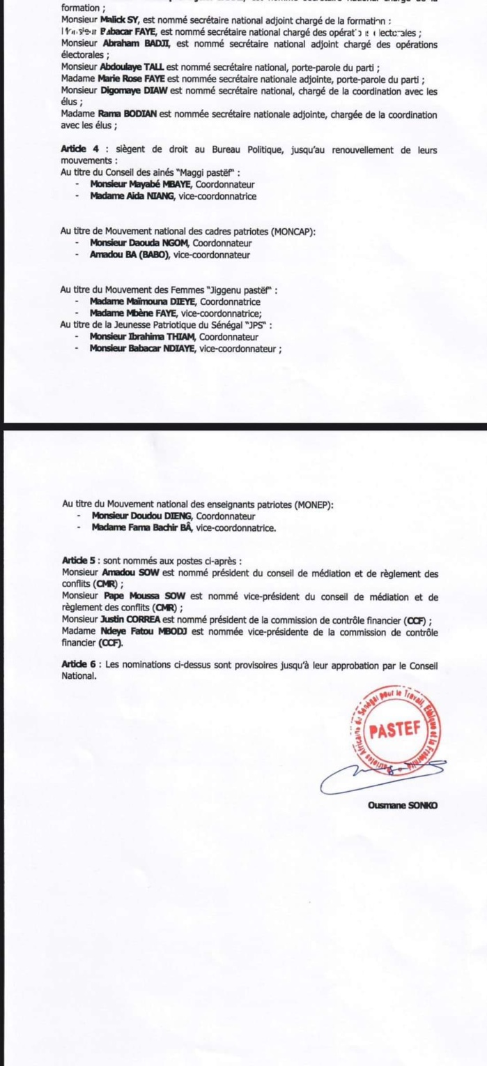 Politique : Pastef Les Patriotes publie la liste des membres du bureau, de la Haute Autorité de Régulation du parti, du cabinet du Président Ousmane Sonko et des commissaires scientifiques. (DOCUMENTS)