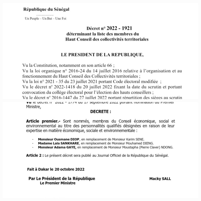 Exclusif- Dakaractu - Haut Conseil des Collectivités Territoriales : Le Président dresse la liste des 150 membres Exclusif- Dakaractu - Haut Conseil des Collectivités Territoriales : Le Président dresse la liste des 150 membres