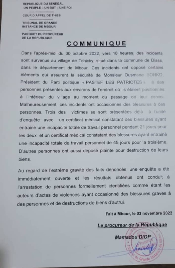 Voici le communiqué du procureur de Mbour sur l'arrestation des éléments de la sécurité de Ousmane Sonko Voici le communiqué du procureur de Mbour sur l'arrestation des éléments de la sécurité de Ousmane Sonko