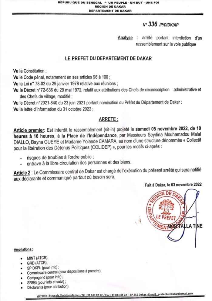 Marche pour la libération « des détenus politiques » : Le préfet de Dakar interdit la manifestation du collectif prévue ce samedi.