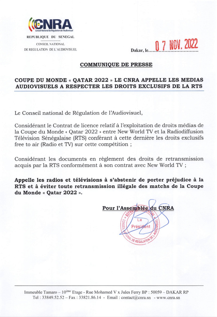 Coupe du monde Qatar 2022 : L'appel du CNRA en direction des radios et télévisions au respect des droits exclusifs de la Rts.