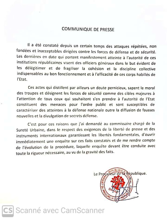 Le communiqué du procureur de la république sur l'arrestation du journaliste Pape Alé Niang