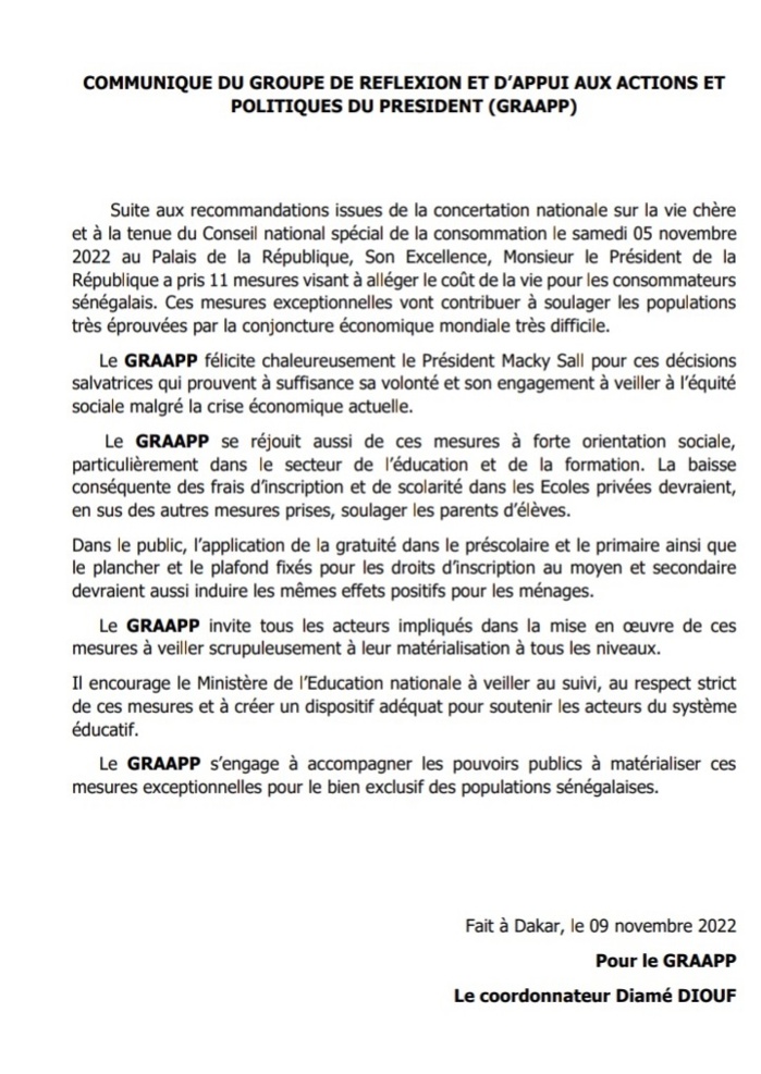 Cherté de la vie : Le GRAAPP invite à la matérialisation des 11 mesures du président de la République et parle de "décisions salvatrices". Cherté de la vie : Le GRAAPP invite à la matérialisation des 11 mesures du président de la République et parle de "décisions salvatrices".