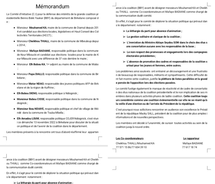 Birkelane : Les membres du comité pour la défense des intérêts de Bby décident de surseoir à toute activité au sein de cette coalition. Birkelane : Les membres du comité pour la défense des intérêts de Bby décident de surseoir à toute activité au sein de cette coalition.
