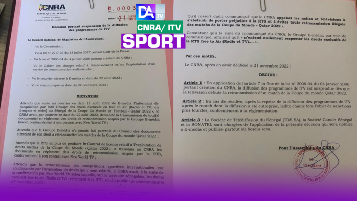 Retransmission des matchs de la coupe du monde: “le programme de ITV sera suspendu dès la diffusion d’un match” (CNRA) Retransmission des matchs de la coupe du monde: “le programme de ITV sera suspendu dès la diffusion d’un match” (CNRA)