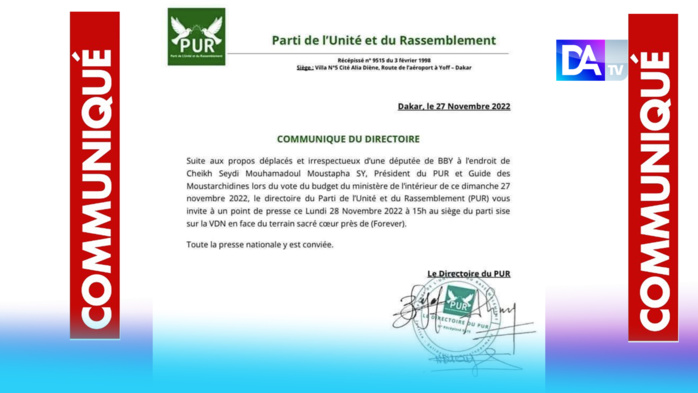 Sortie de Amy Ndiaye Guèye (Gniby) contre le leader du PUR : Le directoire du parti face à la presse cet après-midi