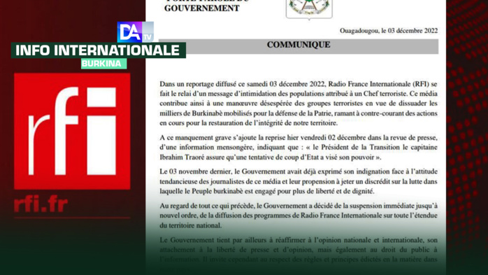 Burkina Faso : Le gouvernement décide de suspendre jusqu'à nouvel ordre la diffusion des programmes de RFI.