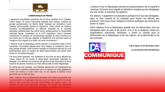 Incident à l'Assemblée nationale : L'Apr exprime sa solidarité à Amy Ndiaye Gniby et tire sur les deux députés de Yewwi Askan Wi.