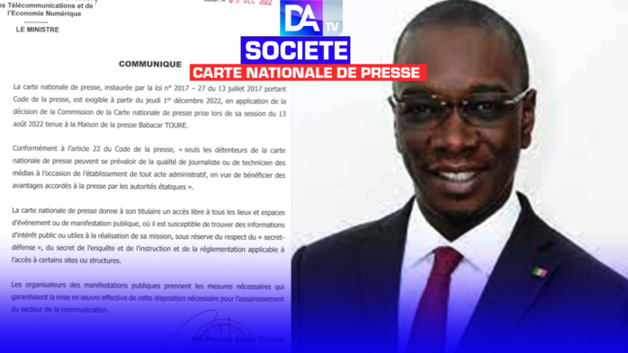 Carte nationale de presse : le ministère de la communication confirme son exigibilité et appelle à la mise en œuvre effective de cette disposition. Carte nationale de presse : le ministère de la communication confirme son exigibilité et appelle à la mise en œuvre effective de cette disposition.