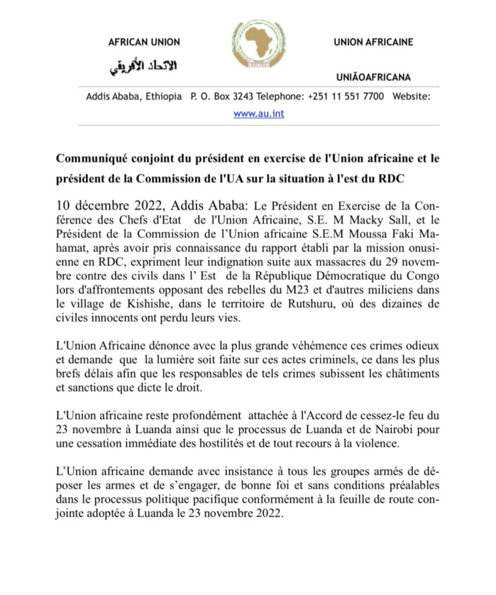 Massacre à l'est de la RDC : les réactions du Président en exercice de l'Union africaine, Macky Sall et du président de la Commission de l’UA Moussa Faki...