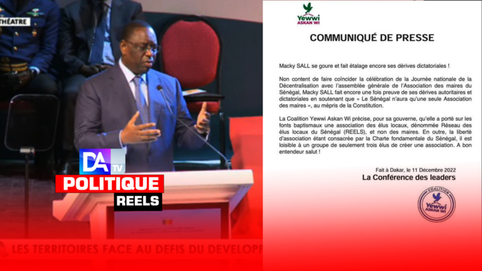 "Le Sénégal n'aura qu'une seule association des maires!" : La coalition YAW répond au président Macky Sall et parle de dérives "autoritaires" et "dictatoriales". "Le Sénégal n'aura qu'une seule association des maires!" : La coalition YAW répond au président Macky Sall et parle de dérives "autoritaires" et "dictatoriales".