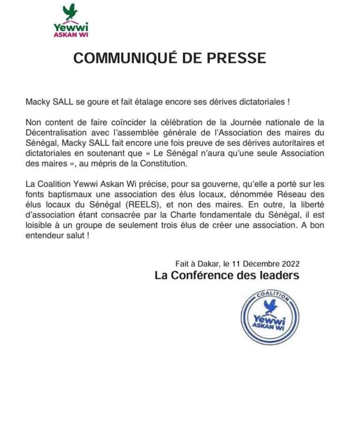 "Le Sénégal n'aura qu'une seule association des maires!" : La coalition YAW répond au président Macky Sall et parle de dérives "autoritaires" et "dictatoriales".