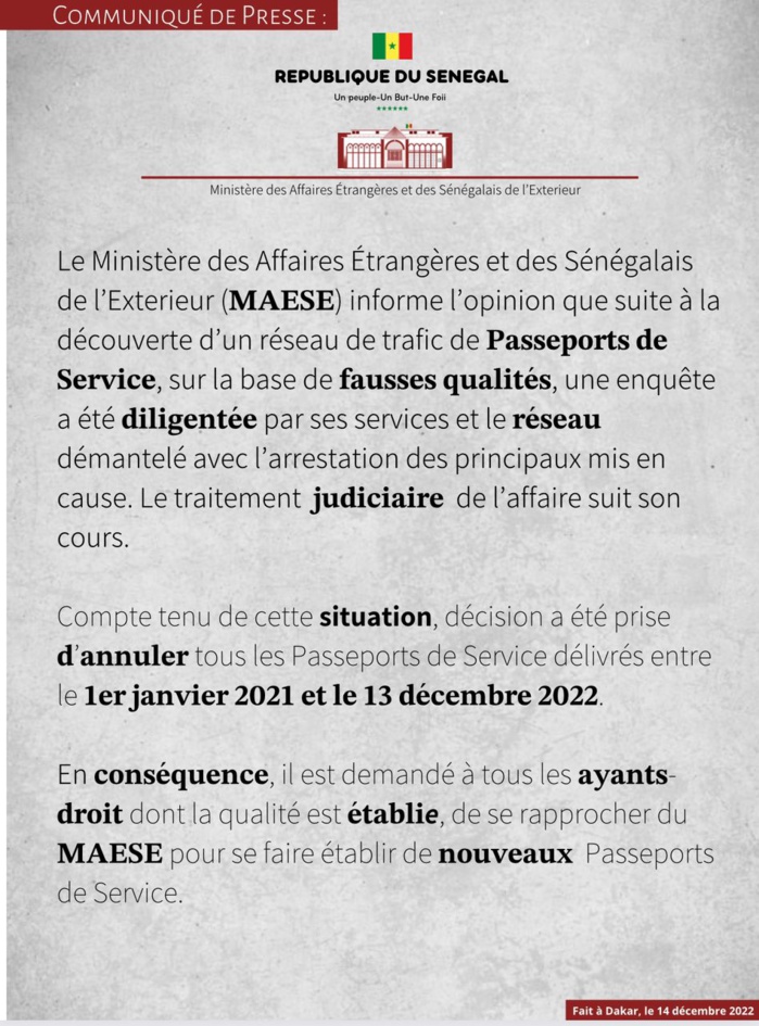 Démantèlement d'un Réseau de trafic de Passeports de Service: Le Ministère des Affaires étrangères annonce l'annulation de tous les Passeports de Service délivrés entre le 1er janvier 2021 et le 13 décembre 2022.