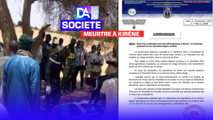 Meurtre à Kiréne : Le présumé suspect E.S dit Baye caricaturé comme un délinquant violent, arrêté par la SR de la gendarmerie de Thiès Meurtre à Kiréne : Le présumé suspect E.S dit Baye caricaturé comme un délinquant violent, arrêté par la SR de la gendarmerie de Thiès