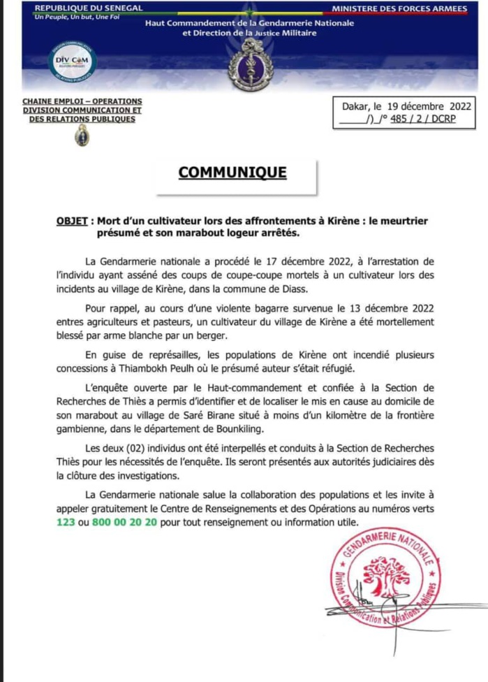 Meurtre à Kiréne : Le présumé suspect E.S dit Baye caricaturé comme un délinquant violent, arrêté par la SR de la gendarmerie de Thiès