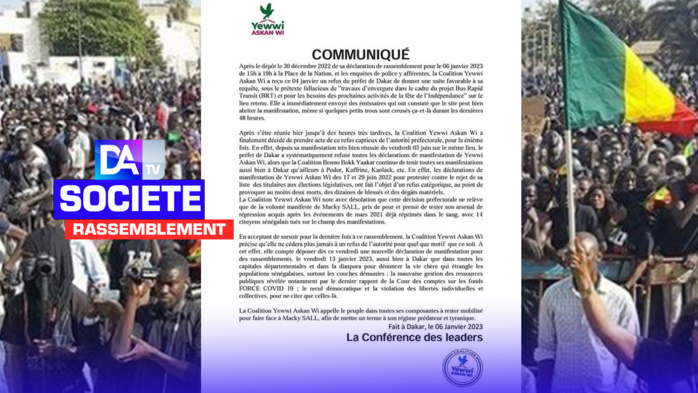 Place de la nation : La coalition Yewwi Askan wi prend acte, surseoit à la mobilisation de ce vendredi, mais remet ça le 13 prochain