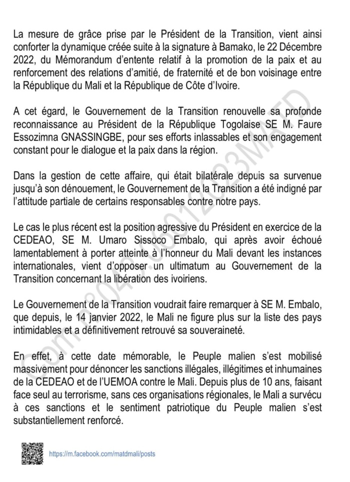 Mali : le président de la transition, le colonel Assimi GOITA accorde une grâce et une remise totale de peine aux 49 militaires ivoiriens. (Décret)