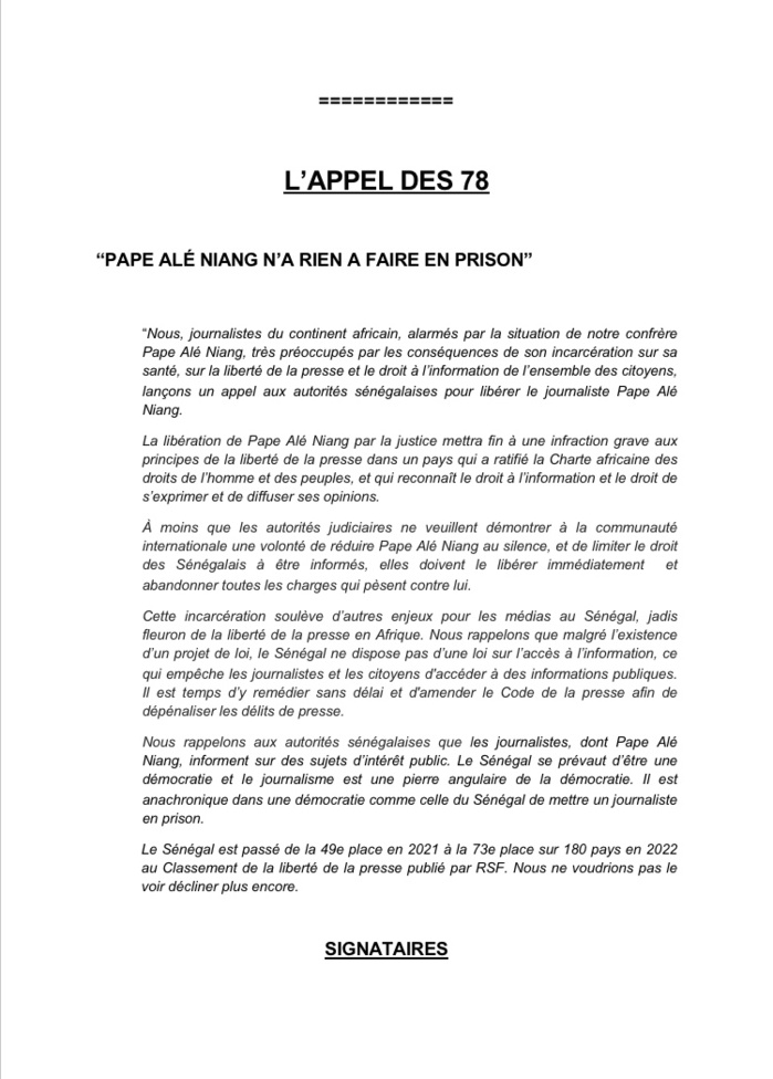 Emprisonnement de Pape Alé Niang : 78 journalistes africains émettent un appel pour sa libération.