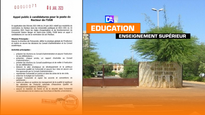 Enseignement Supérieur : le CA de l'UGB lance un appel à candidatures pour le poste de recteur. Enseignement Supérieur : le CA de l'UGB lance un appel à candidatures pour le poste de recteur.