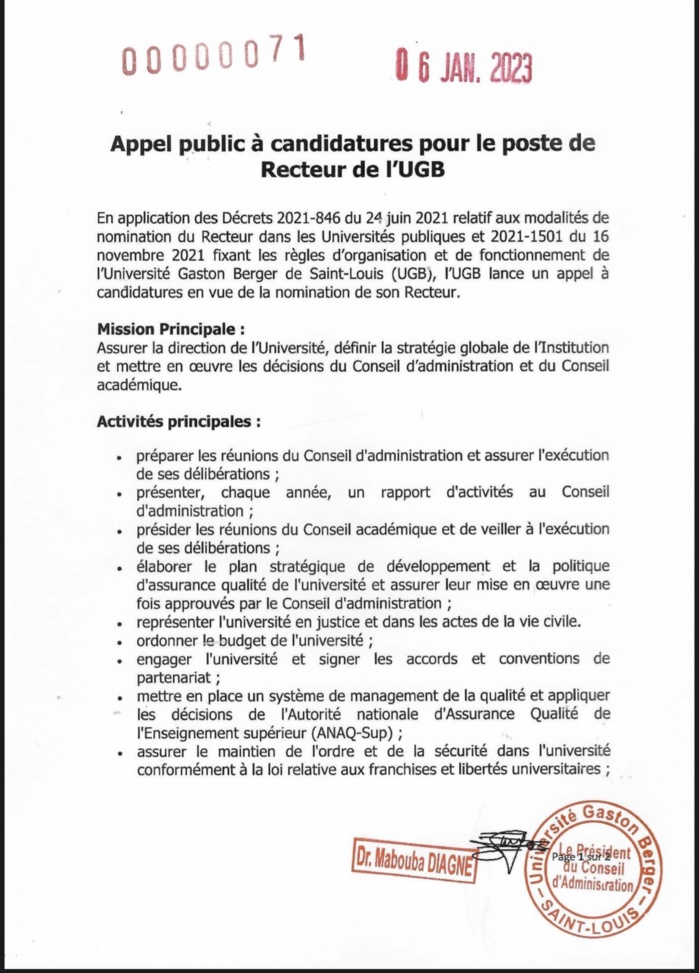 Enseignement Supérieur : le CA de l'UGB lance un appel à candidatures pour le poste de recteur. Enseignement Supérieur : le CA de l'UGB lance un appel à candidatures pour le poste de recteur.
