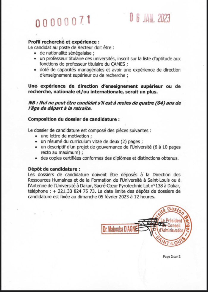 Enseignement Supérieur : le CA de l'UGB lance un appel à candidatures pour le poste de recteur. Enseignement Supérieur : le CA de l'UGB lance un appel à candidatures pour le poste de recteur.