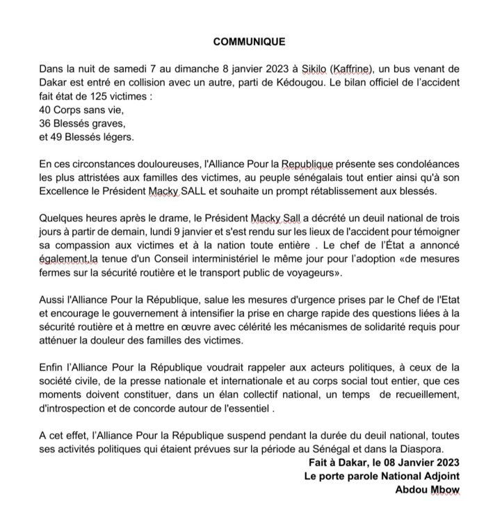Accident mortel à Kaffrine : L'APR appelle les acteurs politiques à plus de solidarité dans de pareilles circonstances...