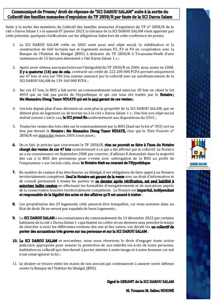 Familles menacées de délogement à Tivaoune Peulh : "Les propriétaires des 29 logements cités peuvent être tranquilles. Ils ne seront pas expulsés de leurs maisons." (SCI Darou Salam)