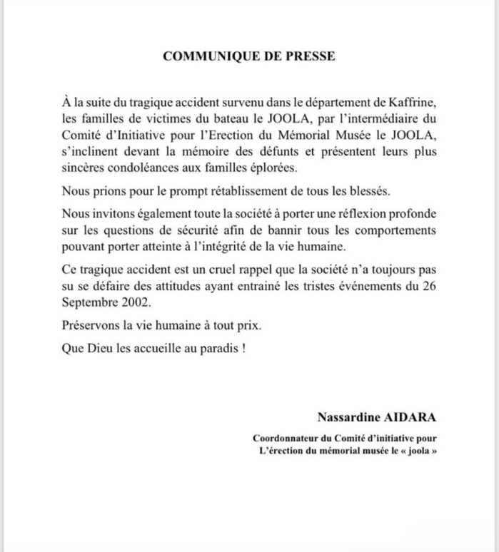 Drame à Kaffrine : les familles des victimes du bateau le JOOLA se solidarisent et plaident pour une réflexion sécuritaire profonde Drame à Kaffrine : les familles des victimes du bateau le JOOLA se solidarisent et plaident pour une réflexion sécuritaire profonde