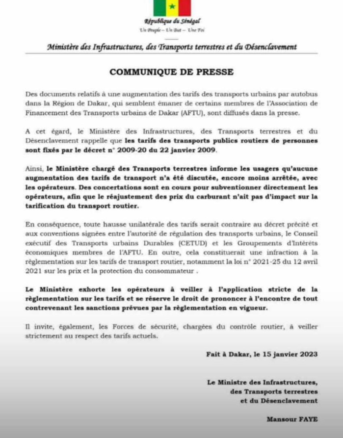 Augmentation du prix du transport des bus AFTU : Le ministère de tutelle menace de sévir contre toute infraction à la réglementation… Augmentation du prix du transport des bus AFTU : Le ministère de tutelle menace de sévir contre toute infraction à la réglementation…
