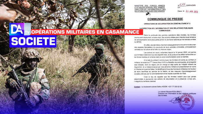 Opérations militaires en Casamance : L’armée confirme le décès d’un commando et fait état de sept blessés Opérations militaires en Casamance : L’armée confirme le décès d’un commando et fait état de sept blessés