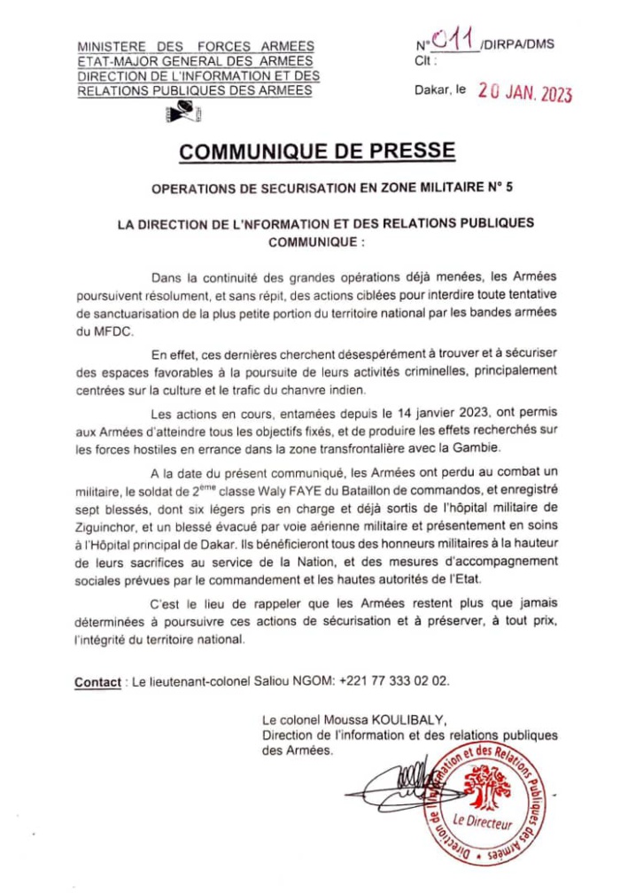 Opérations militaires en Casamance : L’armée confirme le décès d’un commando et fait état de sept blessés Opérations militaires en Casamance : L’armée confirme le décès d’un commando et fait état de sept blessés
