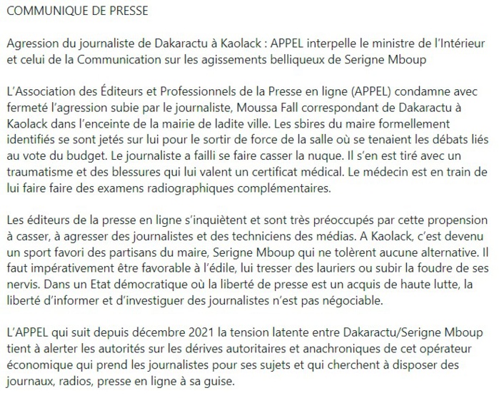 Agression du journaliste de Dakaractu à Kaolack par les partisans de Serigne Mboup  : APPEL interpelle les ministres de l’Intérieur et de la Communication