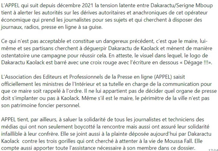 Agression du journaliste de Dakaractu à Kaolack par les partisans de Serigne Mboup  : APPEL interpelle les ministres de l’Intérieur et de la Communication
