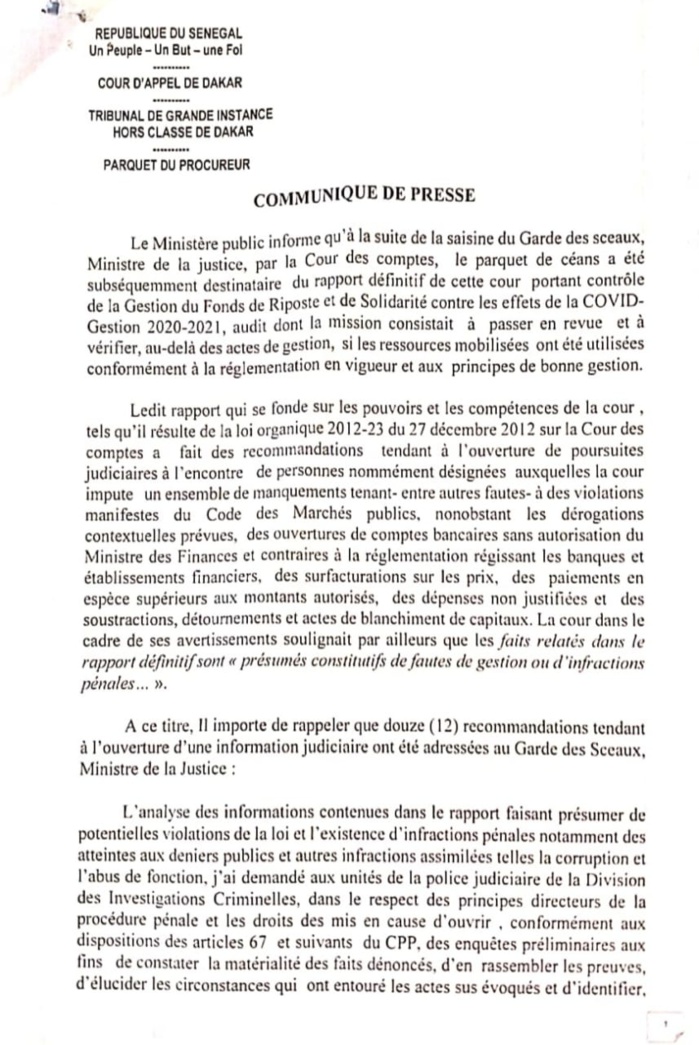 Gestion du fonds Covid 2020-2021: Le procureur de la République fait engager des enquêtes préliminaires et confie l'affaire à la DIC Gestion du fonds Covid 2020-2021: Le procureur de la République fait engager des enquêtes préliminaires et confie l'affaire à la DIC