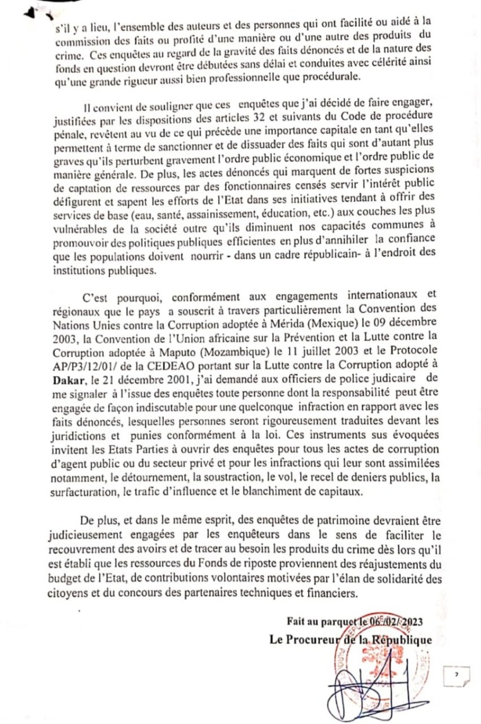 Gestion du fonds Covid 2020-2021: Le procureur de la République fait engager des enquêtes préliminaires et confie l'affaire à la DIC Gestion du fonds Covid 2020-2021: Le procureur de la République fait engager des enquêtes préliminaires et confie l'affaire à la DIC