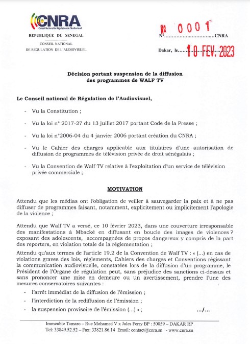 Manifestations à Mbacké : Le CNRA décide de suspendre la diffusion des programmes  de Walf TV pour 7 jours.