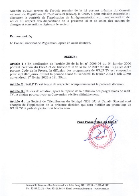 Manifestations à Mbacké : Le CNRA décide de suspendre la diffusion des programmes  de Walf TV pour 7 jours.