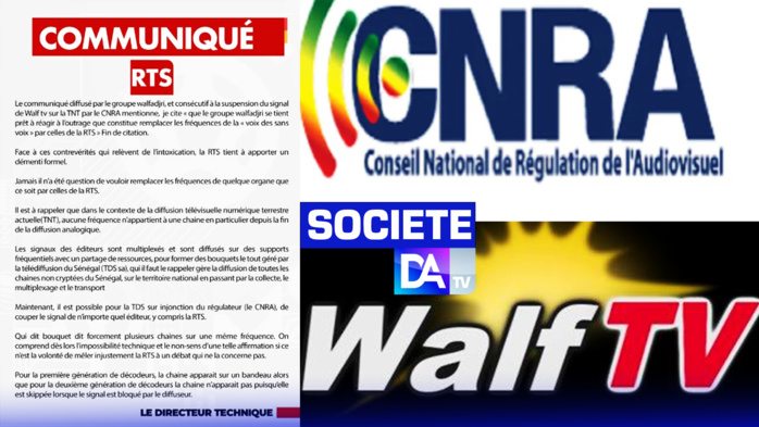 Suspension de Walf Fadjri : la RTS dément le groupe et reconnaît la légitimité du CNRA. Suspension de Walf Fadjri : la RTS dément le groupe et reconnaît la légitimité du CNRA.