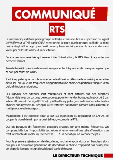 Suspension de Walf Fadjri : la RTS dément le groupe et reconnaît la légitimité du CNRA.