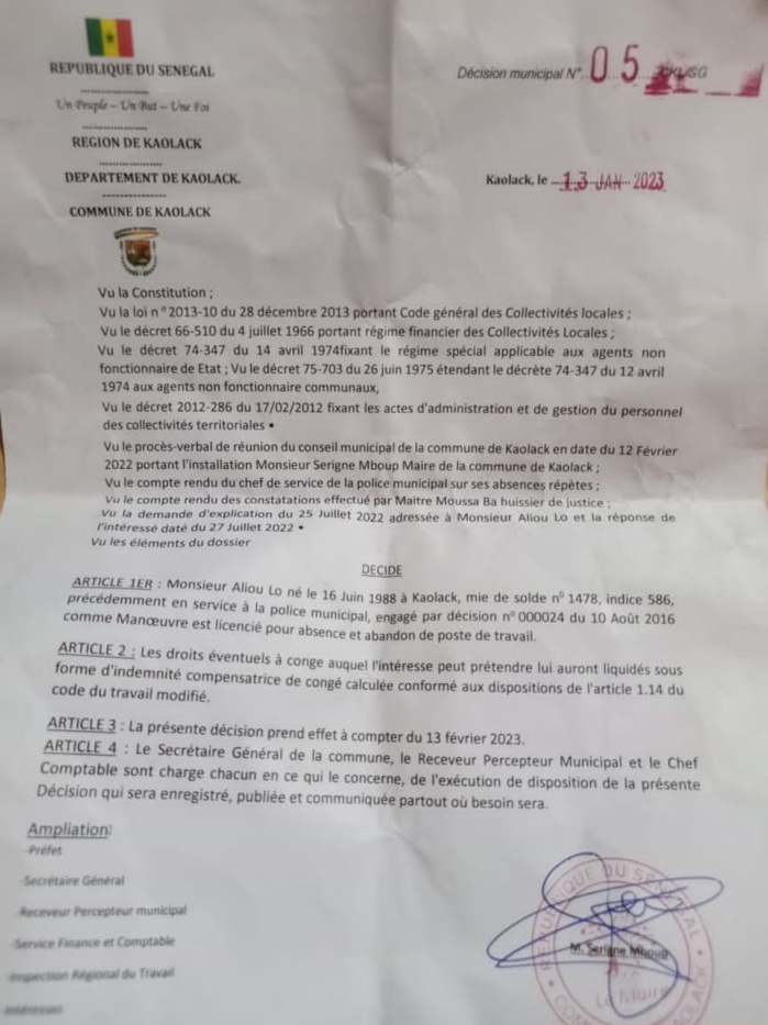 Mairie de Kaolack : Voici la lettre de licenciement de l'agent municipal Aliou Lô...Une lettre truffée de fautes. Mairie de Kaolack : Voici la lettre de licenciement de l'agent municipal Aliou Lô...Une lettre truffée de fautes.