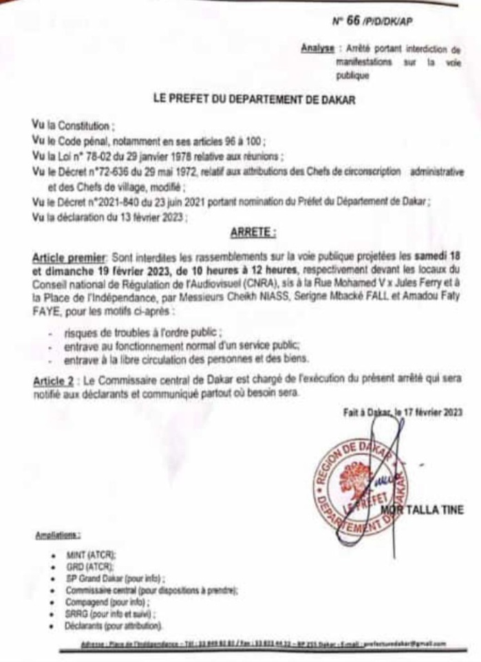 Coupure de signal de Walf Tv : Le préfet de Dakar interdit les rassemblements de samedi et dimanche