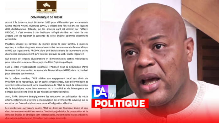 Procès en diffamation: L'Apr apporte son soutien à Mame Mbaye Niang et tance sévèrement Ousmane Sonko