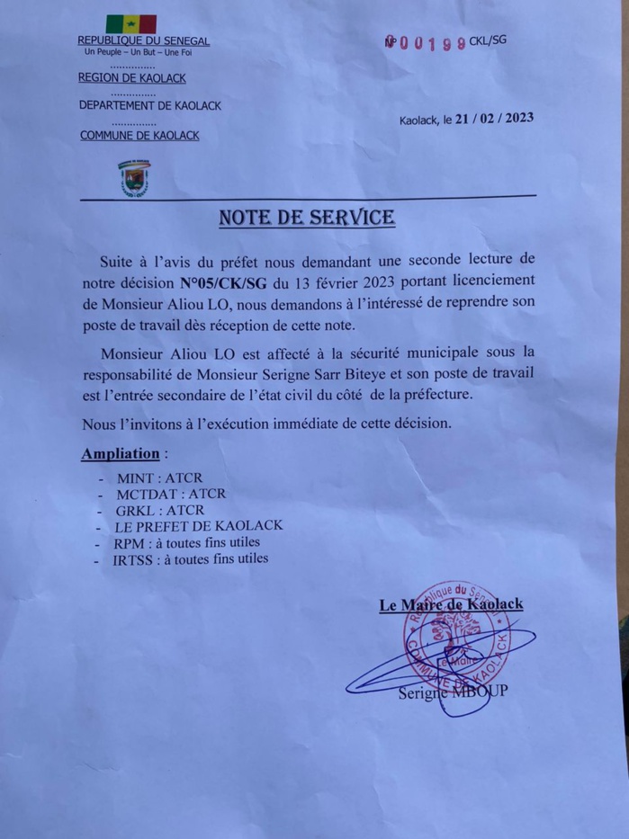 Mairie de Kaolack/ Le préfet retourne la décision de licenciement de Aliou Lô pour une seconde lecture: l'agent municipal rétabli dans ses droits.