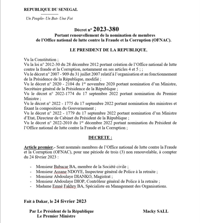 OFNAC : Le président Macky Sall prend des décrets renouvelant la nomination des membres…