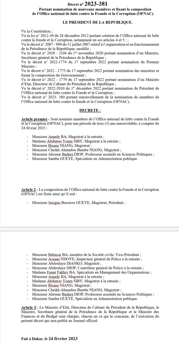 OFNAC : Le président Macky Sall prend des décrets renouvelant la nomination des membres…